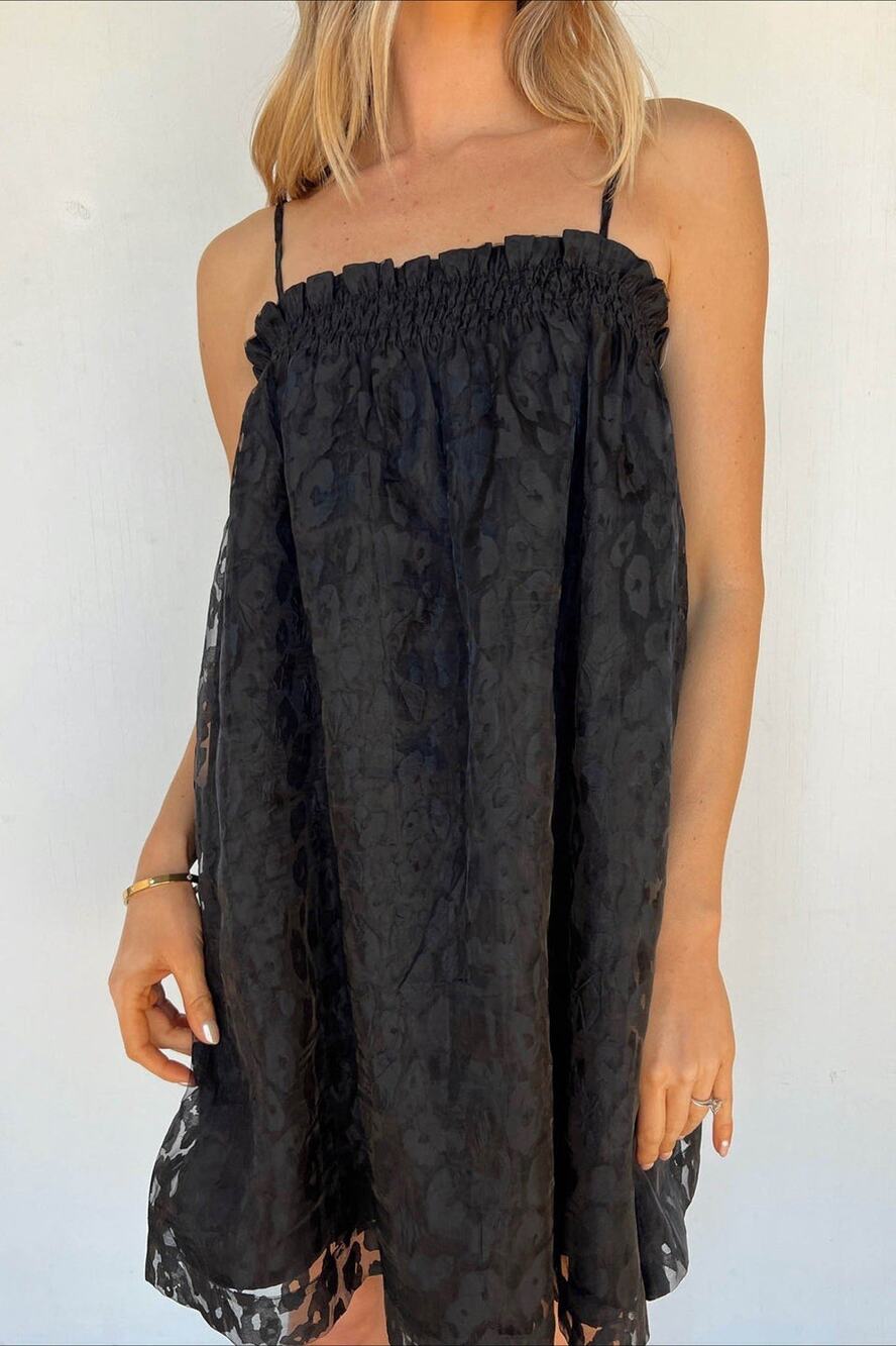 Vestique Mini Dress Black Sheer Animal Print Babydoll Boho Coquette Soft Goth S